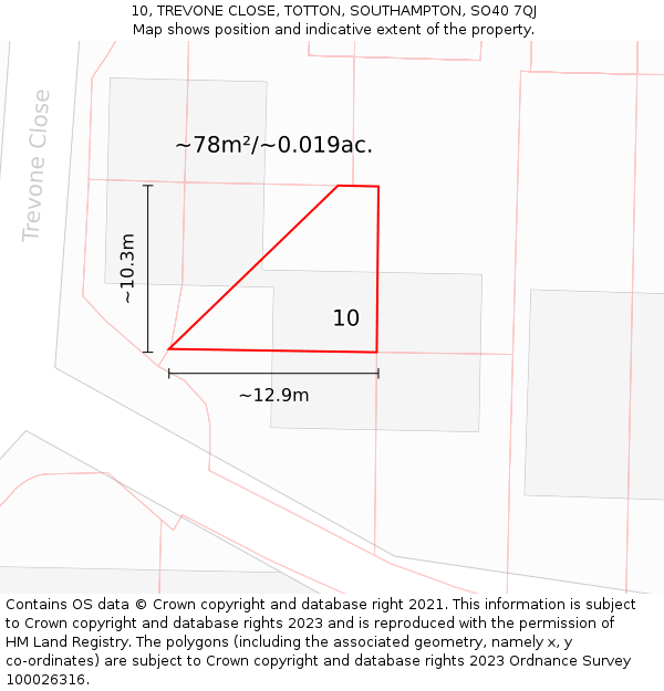 10, TREVONE CLOSE, TOTTON, SOUTHAMPTON, SO40 7QJ: Plot and title map