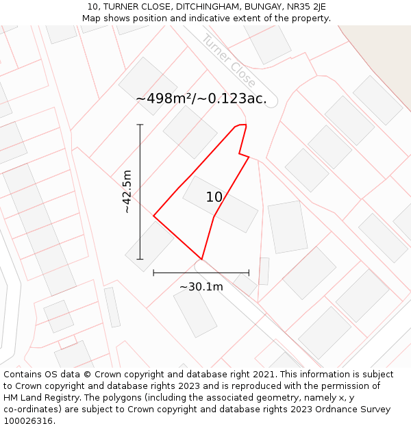 10, TURNER CLOSE, DITCHINGHAM, BUNGAY, NR35 2JE: Plot and title map