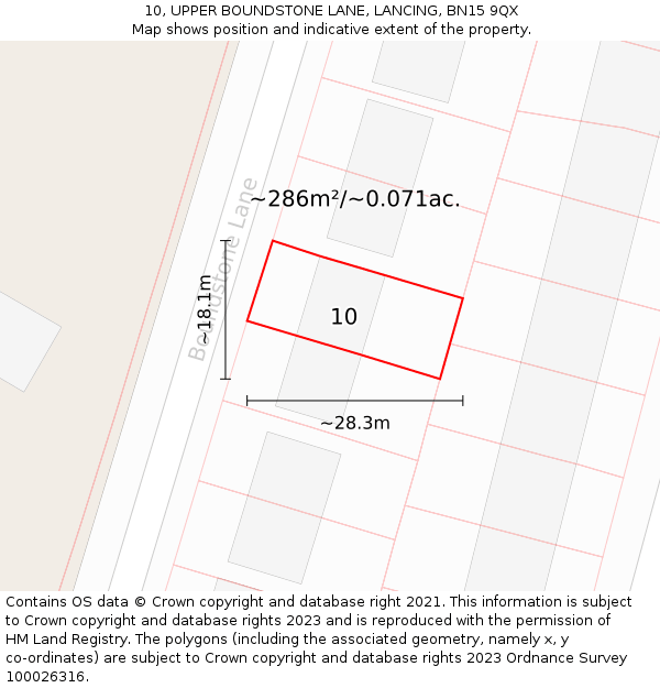 10, UPPER BOUNDSTONE LANE, LANCING, BN15 9QX: Plot and title map