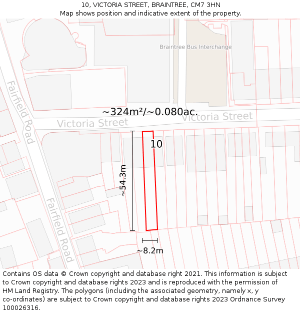 10, VICTORIA STREET, BRAINTREE, CM7 3HN: Plot and title map