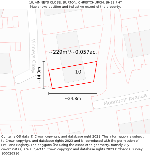 10, VINNEYS CLOSE, BURTON, CHRISTCHURCH, BH23 7HT: Plot and title map