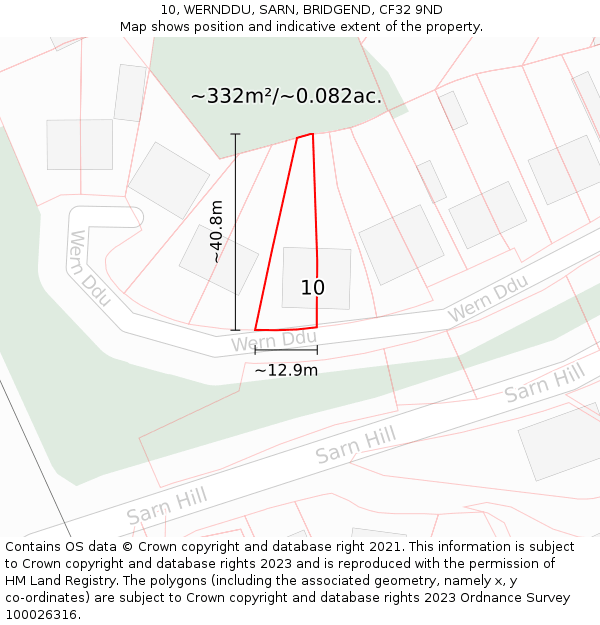 10, WERNDDU, SARN, BRIDGEND, CF32 9ND: Plot and title map