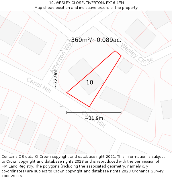 10, WESLEY CLOSE, TIVERTON, EX16 4EN: Plot and title map