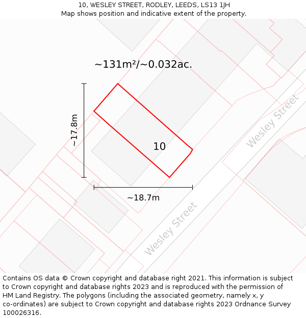 10, WESLEY STREET, RODLEY, LEEDS, LS13 1JH: Plot and title map