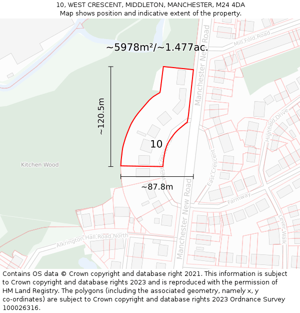 10, WEST CRESCENT, MIDDLETON, MANCHESTER, M24 4DA: Plot and title map