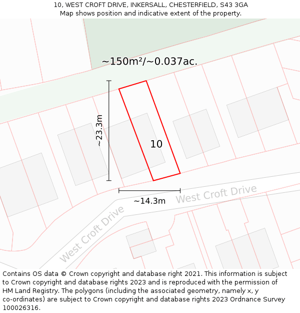 10, WEST CROFT DRIVE, INKERSALL, CHESTERFIELD, S43 3GA: Plot and title map