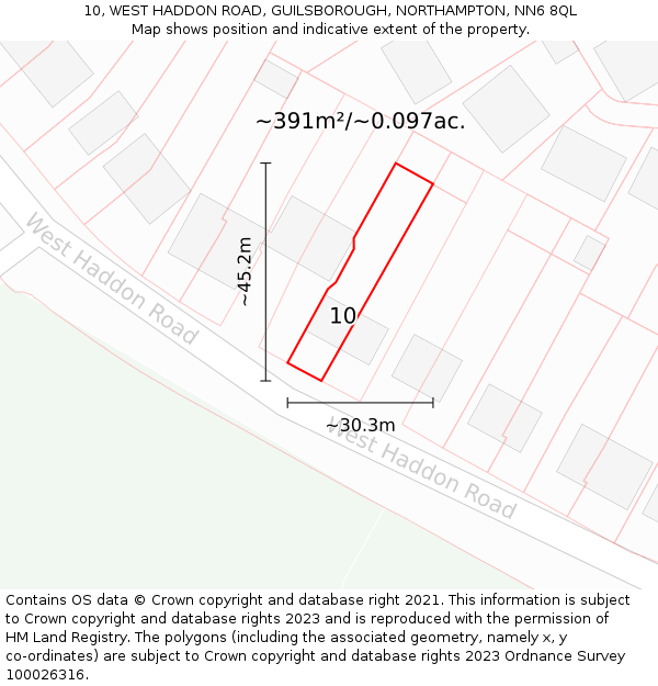 10, WEST HADDON ROAD, GUILSBOROUGH, NORTHAMPTON, NN6 8QL: Plot and title map