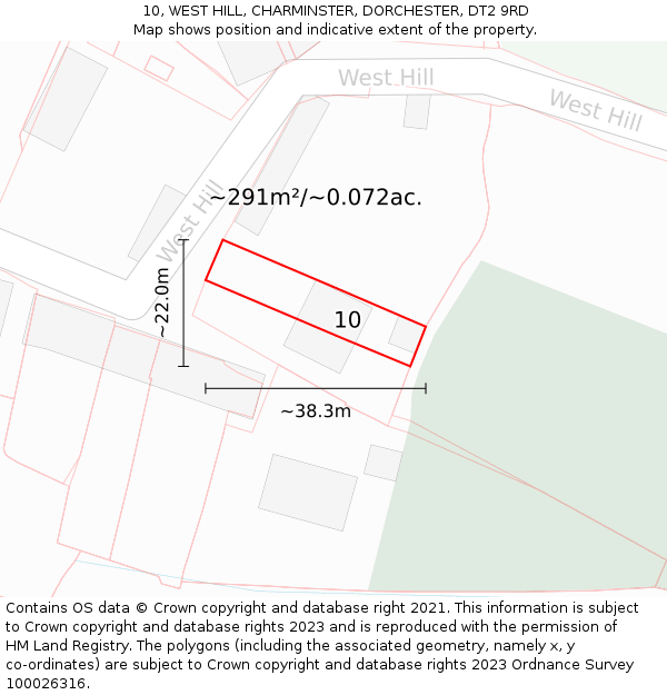 10, WEST HILL, CHARMINSTER, DORCHESTER, DT2 9RD: Plot and title map