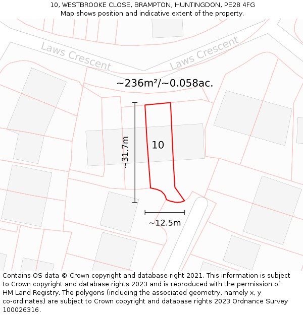 10, WESTBROOKE CLOSE, BRAMPTON, HUNTINGDON, PE28 4FG: Plot and title map