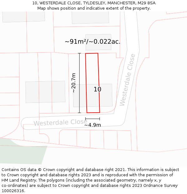 10, WESTERDALE CLOSE, TYLDESLEY, MANCHESTER, M29 8SA: Plot and title map