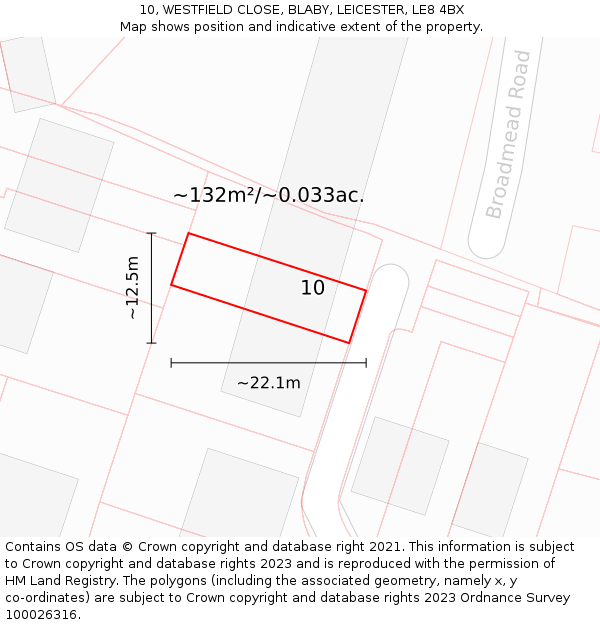 10, WESTFIELD CLOSE, BLABY, LEICESTER, LE8 4BX: Plot and title map