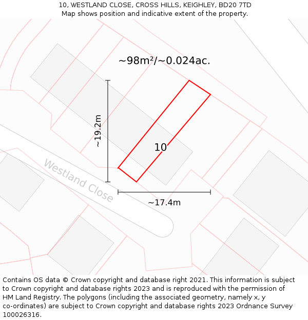 10, WESTLAND CLOSE, CROSS HILLS, KEIGHLEY, BD20 7TD: Plot and title map