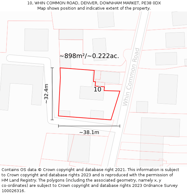 10, WHIN COMMON ROAD, DENVER, DOWNHAM MARKET, PE38 0DX: Plot and title map