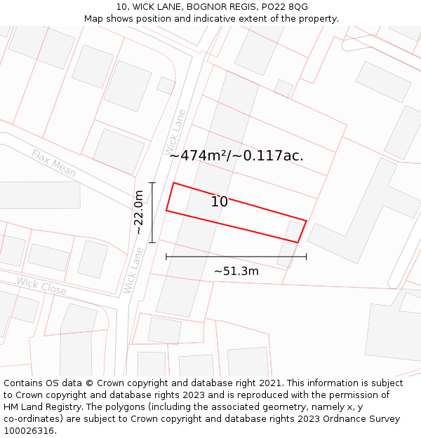 10, WICK LANE, BOGNOR REGIS, PO22 8QG: Plot and title map