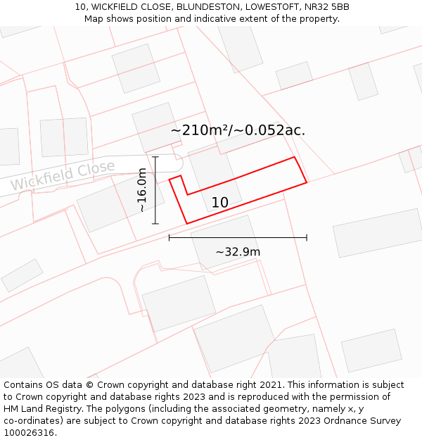 10, WICKFIELD CLOSE, BLUNDESTON, LOWESTOFT, NR32 5BB: Plot and title map