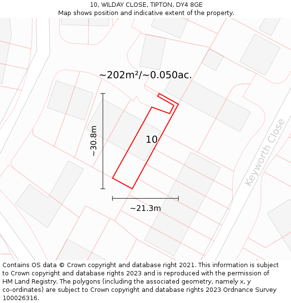 10, WILDAY CLOSE, TIPTON, DY4 8GE: Plot and title map