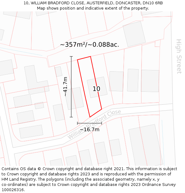 10, WILLIAM BRADFORD CLOSE, AUSTERFIELD, DONCASTER, DN10 6RB: Plot and title map