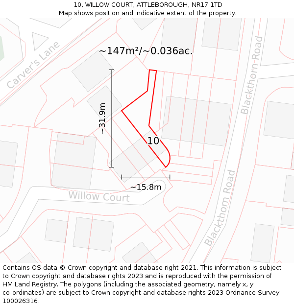 10, WILLOW COURT, ATTLEBOROUGH, NR17 1TD: Plot and title map