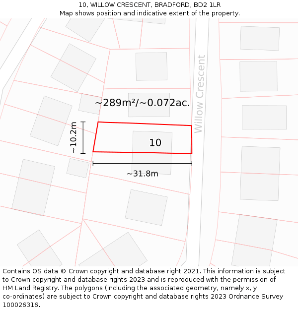 10, WILLOW CRESCENT, BRADFORD, BD2 1LR: Plot and title map