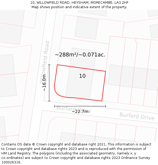 10, WILLOWFIELD ROAD, HEYSHAM, MORECAMBE, LA3 2HF: Plot and title map