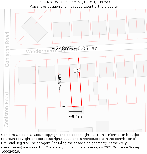 10, WINDERMERE CRESCENT, LUTON, LU3 2PR: Plot and title map