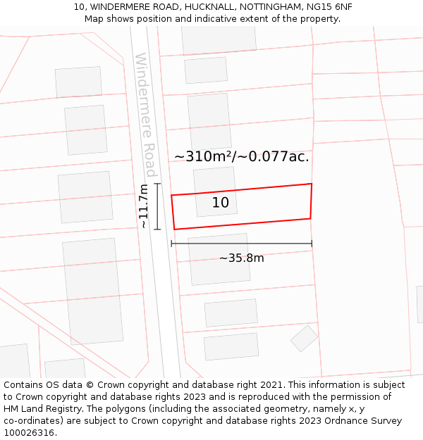 10, WINDERMERE ROAD, HUCKNALL, NOTTINGHAM, NG15 6NF: Plot and title map
