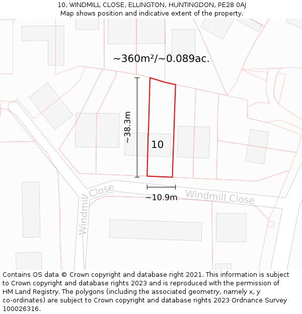 10, WINDMILL CLOSE, ELLINGTON, HUNTINGDON, PE28 0AJ: Plot and title map