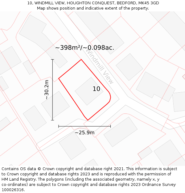 10, WINDMILL VIEW, HOUGHTON CONQUEST, BEDFORD, MK45 3GD: Plot and title map