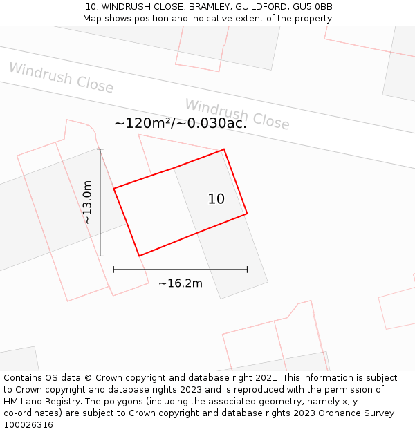 10, WINDRUSH CLOSE, BRAMLEY, GUILDFORD, GU5 0BB: Plot and title map