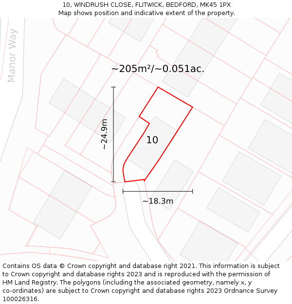 10, WINDRUSH CLOSE, FLITWICK, BEDFORD, MK45 1PX: Plot and title map