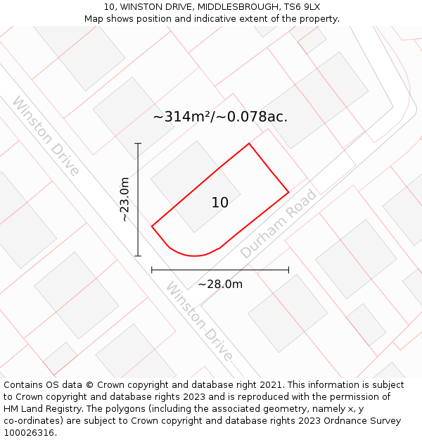 10, WINSTON DRIVE, MIDDLESBROUGH, TS6 9LX: Plot and title map