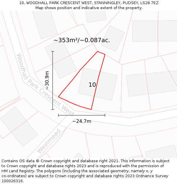 10, WOODHALL PARK CRESCENT WEST, STANNINGLEY, PUDSEY, LS28 7EZ: Plot and title map