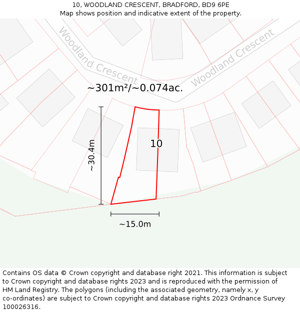 10, WOODLAND CRESCENT, BRADFORD, BD9 6PE: Plot and title map
