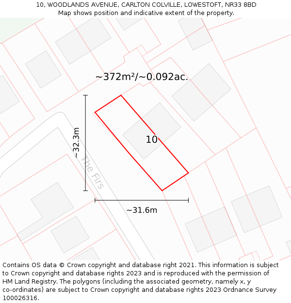 10, WOODLANDS AVENUE, CARLTON COLVILLE, LOWESTOFT, NR33 8BD: Plot and title map