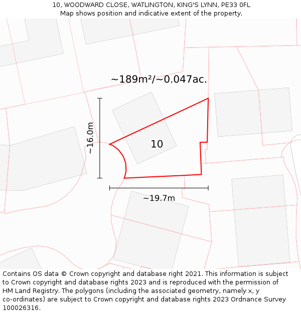 10, WOODWARD CLOSE, WATLINGTON, KING'S LYNN, PE33 0FL: Plot and title map