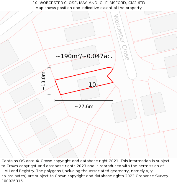10, WORCESTER CLOSE, MAYLAND, CHELMSFORD, CM3 6TD: Plot and title map