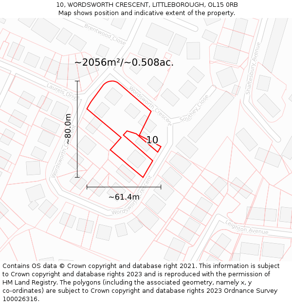 10, WORDSWORTH CRESCENT, LITTLEBOROUGH, OL15 0RB: Plot and title map