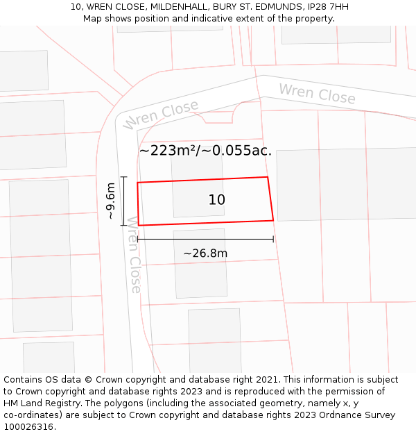 10, WREN CLOSE, MILDENHALL, BURY ST. EDMUNDS, IP28 7HH: Plot and title map
