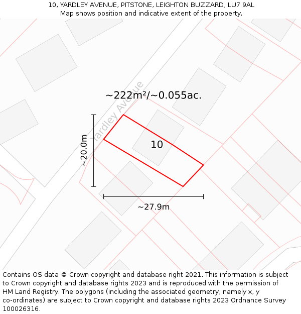 10, YARDLEY AVENUE, PITSTONE, LEIGHTON BUZZARD, LU7 9AL: Plot and title map