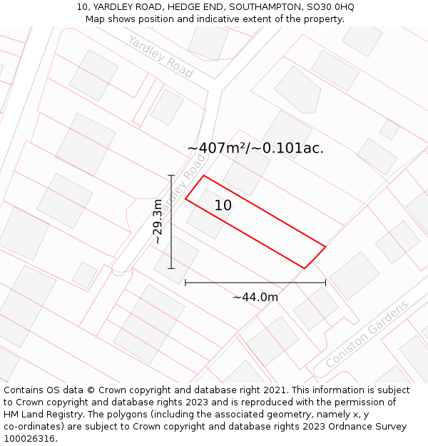 10, YARDLEY ROAD, HEDGE END, SOUTHAMPTON, SO30 0HQ: Plot and title map