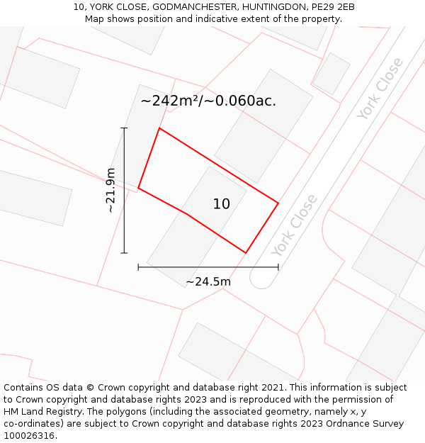 10, YORK CLOSE, GODMANCHESTER, HUNTINGDON, PE29 2EB: Plot and title map