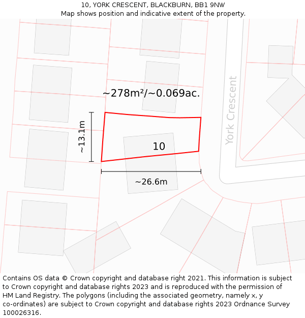 10, YORK CRESCENT, BLACKBURN, BB1 9NW: Plot and title map