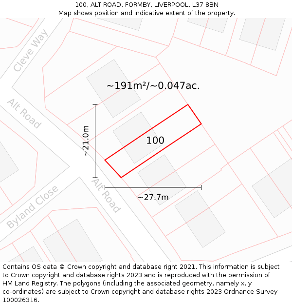 100, ALT ROAD, FORMBY, LIVERPOOL, L37 8BN: Plot and title map