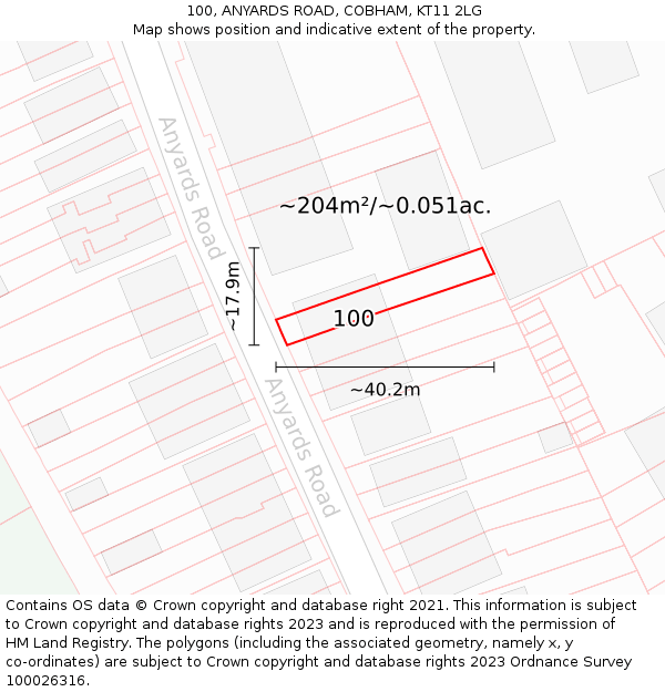 100, ANYARDS ROAD, COBHAM, KT11 2LG: Plot and title map