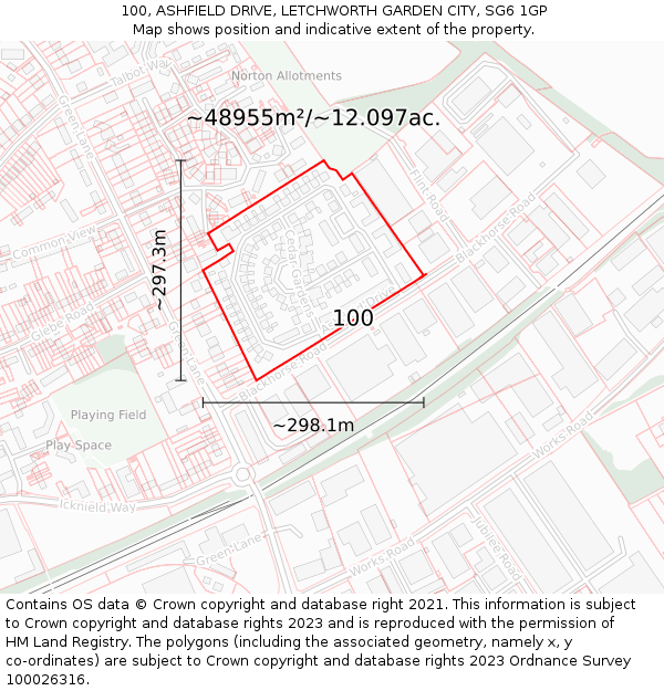 100, ASHFIELD DRIVE, LETCHWORTH GARDEN CITY, SG6 1GP: Plot and title map