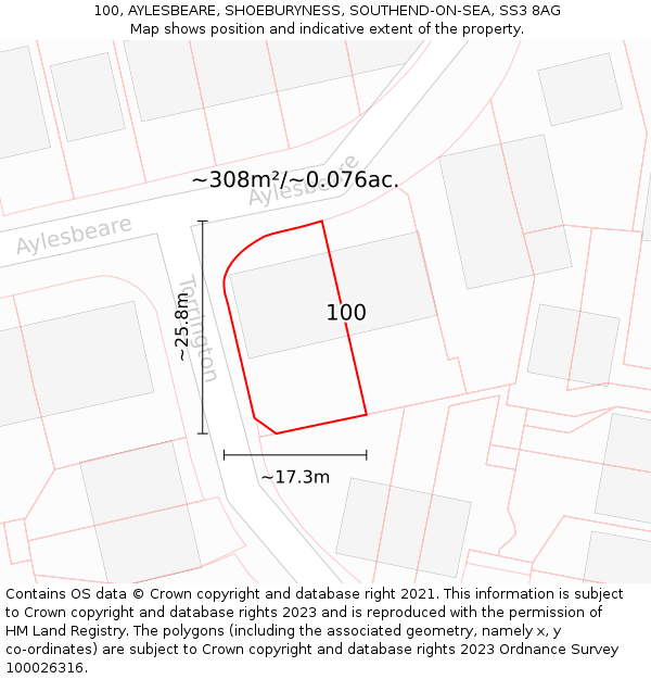 100, AYLESBEARE, SHOEBURYNESS, SOUTHEND-ON-SEA, SS3 8AG: Plot and title map