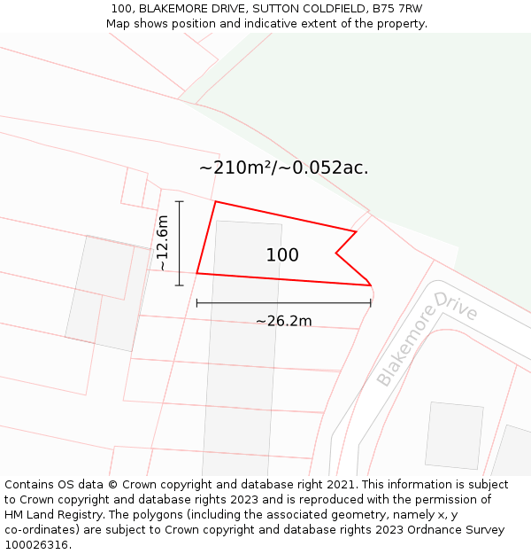 100, BLAKEMORE DRIVE, SUTTON COLDFIELD, B75 7RW: Plot and title map