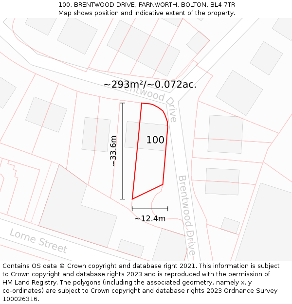 100, BRENTWOOD DRIVE, FARNWORTH, BOLTON, BL4 7TR: Plot and title map