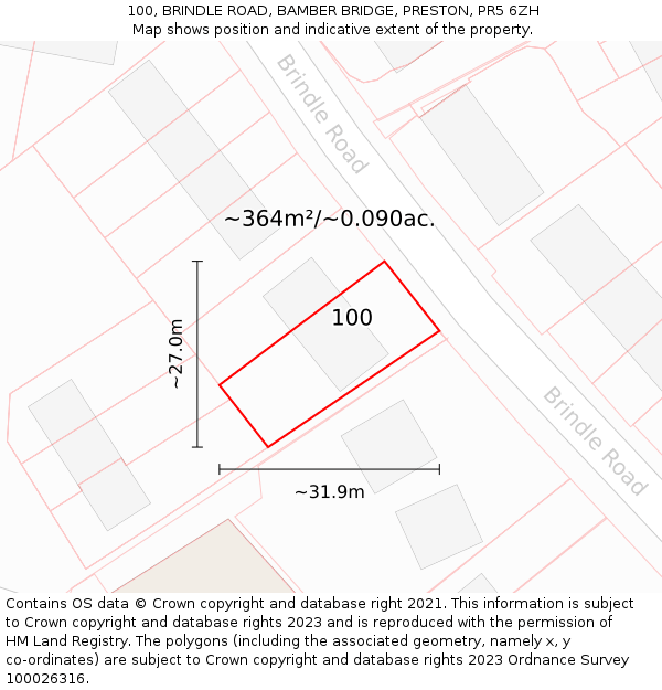 100, BRINDLE ROAD, BAMBER BRIDGE, PRESTON, PR5 6ZH: Plot and title map