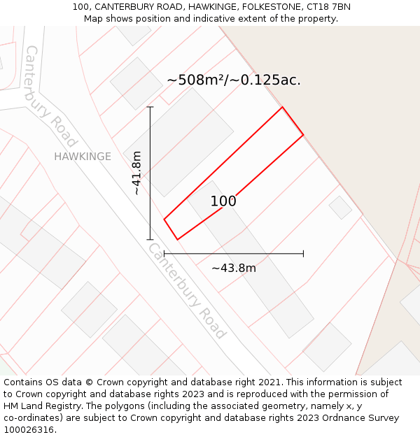 100, CANTERBURY ROAD, HAWKINGE, FOLKESTONE, CT18 7BN: Plot and title map
